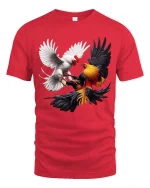 Fighting Roosters Tshirt Dynamic Chicken Battle Realistic Art - red t-shirt on white background