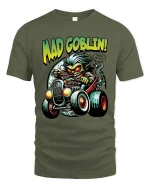 Mad Goblin Hot Rod Tshirt Crazy Driver Cartoon Street Style - military green t-shirt on white background
