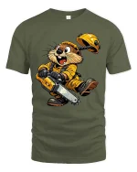 Funny Beaver Chainsaw Tshirt Cute Builder Animal Cartoon Style - military green t-shirt on white background