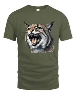 Fierce Wild Cat Tshirt Roaring Lynx Realistic Animal Graphic - military green t-shirt on white background
