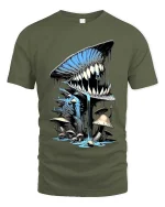 Creepy Mushroom Monster Tshirt Dripping Teeth Fantasy Horror Art - military green t-shirt on white background