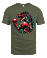 Boxing Dinosaur Tshirt Fierce T Rex Fighter Retro Tattoo Style - military green t-shirt on white background