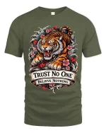 Trust No One Tiger Tshirt Fierce Floral Tattoo Style Graphic - military green t-shirt on white background