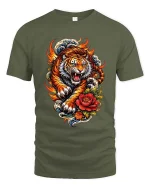 Fiery Tiger Tshirt Japanese Wave Floral Tattoo Style Graphic - military green t-shirt on white background