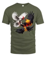 Fighting Roosters Tshirt Dynamic Chicken Battle Realistic Art - military green t-shirt on white background