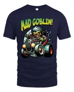Mad Goblin Hot Rod Tshirt Crazy Driver Cartoon Street Style - navy t-shirt on white background