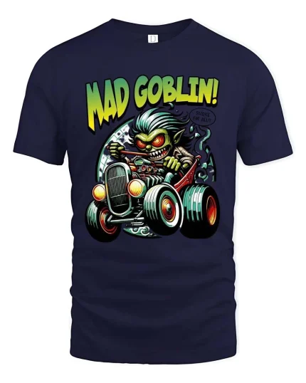 Mad Goblin Hot Rod Tshirt Crazy Driver Cartoon Street Style - navy t-shirt on white background