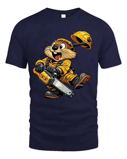 Funny Beaver Chainsaw Tshirt Cute Builder Animal Cartoon Style - navy t-shirt on white background