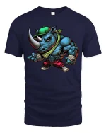 Street Rhino Gangster Tshirt Muscular Animal Urban Style Art - navy t-shirt on white background