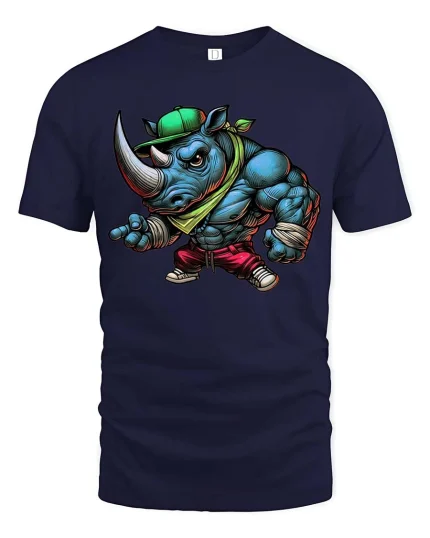 Street Rhino Gangster Tshirt Muscular Animal Urban Style Art - navy t-shirt on white background
