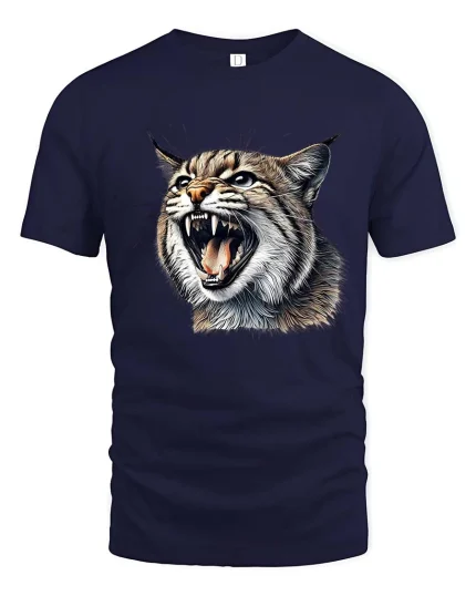 Fierce Wild Cat Tshirt Roaring Lynx Realistic Animal Graphic - navy t-shirt on white background