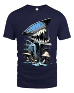 Creepy Mushroom Monster Tshirt Dripping Teeth Fantasy Horror Art - navy t-shirt on white background