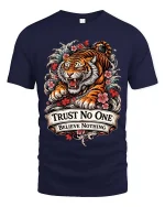 Trust No One Tiger Tshirt Fierce Floral Tattoo Style Graphic - navy t-shirt on white background