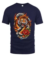 Fiery Tiger Tshirt Japanese Wave Floral Tattoo Style Graphic - navy t-shirt on white background