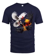 Fighting Roosters Tshirt Dynamic Chicken Battle Realistic Art - navy t-shirt on white background