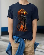 Dark Alien Warrior Graphic Tshirt Cosmic Horror Art Style - model wearing navy tee with hands in pockets
