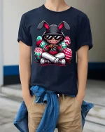 Funny Horror Bunny Tshirt Scary Slasher Easter Cartoon Style - model wearing navy tee with hands in pockets