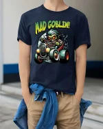Mad Goblin Hot Rod Tshirt Crazy Driver Cartoon Street Style - model wearing navy tee with hands in pockets