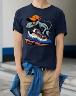 Sneakerhead Lizard Tshirt Cool Streetwear Gecko With Shoes Art - model wearing navy tee with hands in pockets