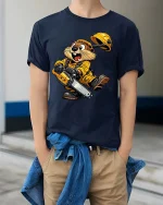 Funny Beaver Chainsaw Tshirt Cute Builder Animal Cartoon Style - model wearing navy tee with hands in pockets