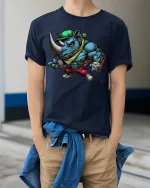 Street Rhino Gangster Tshirt Muscular Animal Urban Style Art - model wearing navy tee with hands in pockets