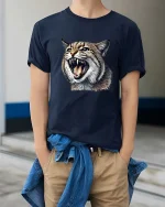Fierce Wild Cat Tshirt Roaring Lynx Realistic Animal Graphic - model wearing navy tee with hands in pockets