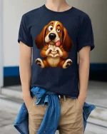 Funny Cute Basset Hound T Shirt Sweet Love Puppy Vibes - model wearing navy tee with hands in pockets