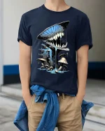 Creepy Mushroom Monster Tshirt Dripping Teeth Fantasy Horror Art - model wearing navy tee with hands in pockets