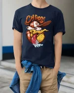 Chaos Duck T Shirt Funny Crazy Cartoon Duck Graphic - model wearing navy tee with hands in pockets