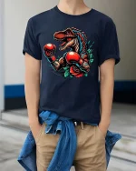 Boxing Dinosaur Tshirt Fierce T Rex Fighter Retro Tattoo Style - model wearing navy tee with hands in pockets
