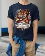 Trust No One Tiger Tshirt Fierce Floral Tattoo Style Graphic - model wearing navy tee with hands in pockets