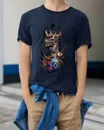 Dark Skull King Tshirt Gothic Armor Crown Fantasy Graphic Style - model wearing navy tee with hands in pockets