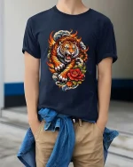 Fiery Tiger Tshirt Japanese Wave Floral Tattoo Style Graphic - model wearing navy tee with hands in pockets