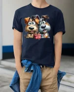 Cute Puppy Friends Tshirt Funny Dogs With Gift Cartoon Style - model wearing navy tee with hands in pockets