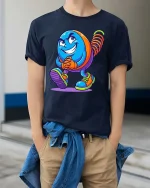 Funny Spring Character Tshirt Cool Cartoon Coil Toy Walking Art - model wearing navy tee with hands in pockets