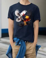 Fighting Roosters Tshirt Dynamic Chicken Battle Realistic Art - model wearing navy tee with hands in pockets