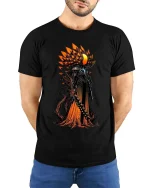 Dark Alien Warrior Graphic Tshirt Cosmic Horror Art Style - model wearing black tee with hands behind back