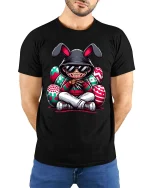 Funny Horror Bunny Tshirt Scary Slasher Easter Cartoon Style - model wearing black tee with hands behind back
