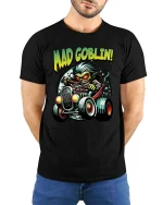 Mad Goblin Hot Rod Tshirt Crazy Driver Cartoon Street Style - model wearing black tee with hands behind back