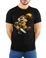 Funny Beaver Chainsaw Tshirt Cute Builder Animal Cartoon Style - model wearing black tee with hands behind back