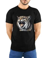 Fierce Wild Cat Tshirt Roaring Lynx Realistic Animal Graphic - model wearing black tee with hands behind back