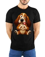 Funny Cute Basset Hound T Shirt Sweet Love Puppy Vibes - model wearing black tee with hands behind back
