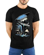 Creepy Mushroom Monster Tshirt Dripping Teeth Fantasy Horror Art - model wearing black tee with hands behind back