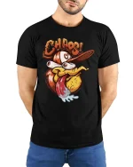 Chaos Duck T Shirt Funny Crazy Cartoon Duck Graphic - model wearing black tee with hands behind back