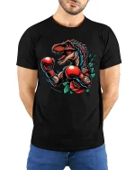Boxing Dinosaur Tshirt Fierce T Rex Fighter Retro Tattoo Style - model wearing black tee with hands behind back