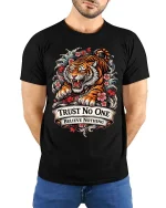 Trust No One Tiger Tshirt Fierce Floral Tattoo Style Graphic - model wearing black tee with hands behind back
