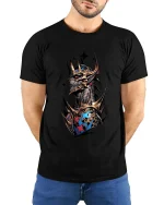 Dark Skull King Tshirt Gothic Armor Crown Fantasy Graphic Style - model wearing black tee with hands behind back