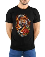 Fiery Tiger Tshirt Japanese Wave Floral Tattoo Style Graphic - model wearing black tee with hands behind back