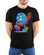 Funny Spring Character Tshirt Cool Cartoon Coil Toy Walking Art - model wearing black tee with hands behind back