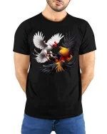 Fighting Roosters Tshirt Dynamic Chicken Battle Realistic Art - model wearing black tee with hands behind back